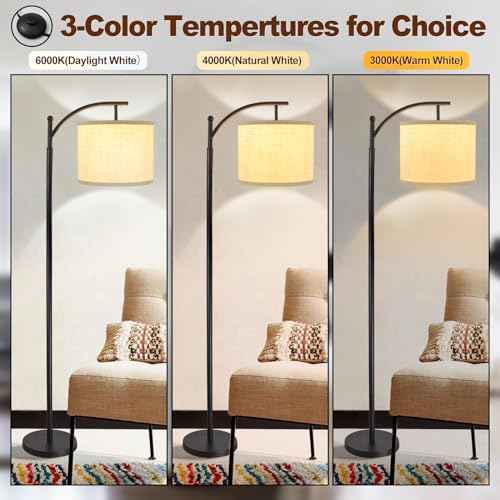 DLLT Modern Arc Floor Lamp, Farmhouse Standing Floor Lamps with Lantern Lampshade, Industrial Tall Reading Light for Bedroom Living Room Office Study, 3 Color Temperatures, Black, 8W Bulb Included