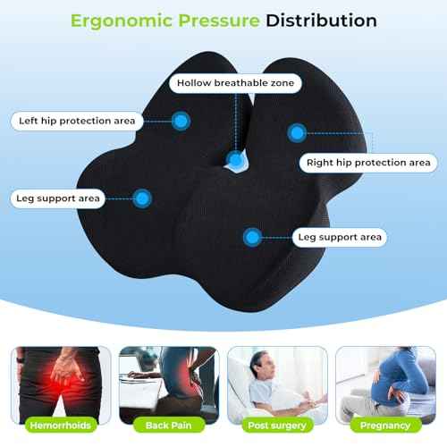 Seat Cushion,Office Chair Cushion for Sciatica,Ergonomic Memory Foam Seat Cushion for Car,Coccyx Cushion,Sciatica & Back Support,19" x 16" All Day Comfort Black Chair Cushion