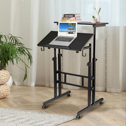 SIDUCAL 23.62" Black Mobile Standing Desk Converter with Wheels, Adjustable Sit-Stand Workstation