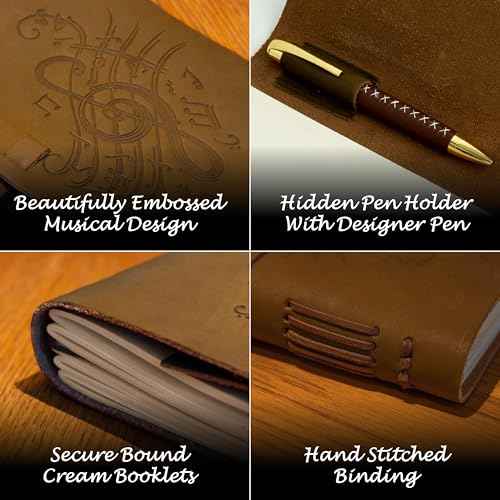 Sovereign-Gear Leather Journal Gift Set ? Embossed Music Notes Design - Handmade Buffalo Leather Notebook with Pen & Bookmark - Vintage 8x6¡± Unlined Writing Journal for Men & Women in Premium Gift Box