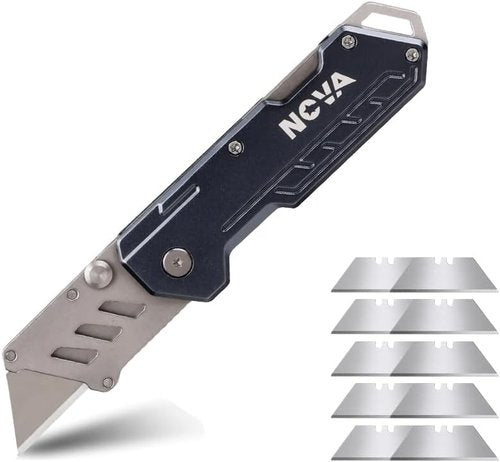 Nova Folding Utility Knife - Durable Box Cutter with Safety Lock & Belt Clip | 10 Extra Blades (Blue)