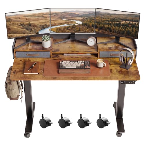 Claiks Rustic Brown 48 Inch Standing Desk with Drawers & Wheels - 47.2x23.6 Adjustable Height