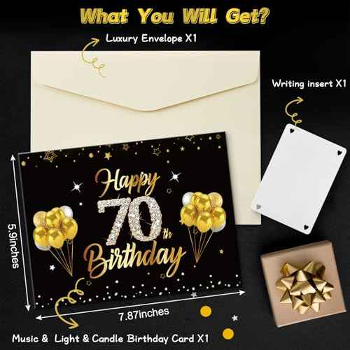 70th Birthday Cards Pop Up 3D Cake - Firework & Music & Blow Out Candle Light Funny Happy 70 Black Gold Birthday Card Gifts for Men, Women, Friends, Boyfriend, Dad, Mom, Husband, Wife