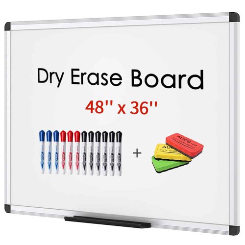 VIZ-PRO Dry Erase Board/Whiteboard,48 x 36 Inches, Wall Mounted Board for School Office and Home, with 12-Count Markers & 3 Colored Erasers