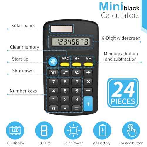 24 Pack Basic Calculators for Students, Pocket Calculator Bulk Classroom Mini Calculators Solar and Battery Dual Powered Handheld Calculator 8 Digit Display for Office School and Home