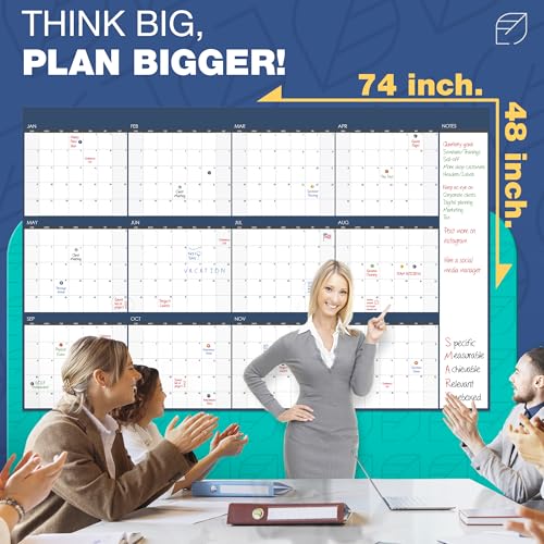 Large Dry Erase Calendar for Wall, 48" x 74" - Undated, Yearly, Reusable - Full 12 Month Year - Includes Markers, Eraser & Accessories