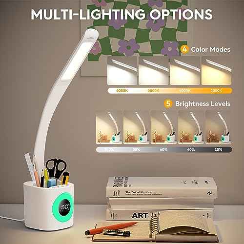 Hokone Desk Lamp for Kids, LED Desk Light for Home Office Dimmable USB Table Lamps with Clock Pen Holder Adjustable Desk Lamps with Color Night Lamp,Children's Christmas Gifts White