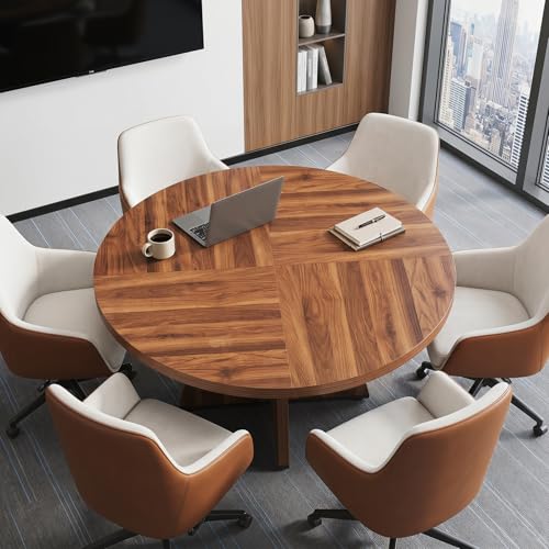 LITTLE TREE Brown 47-Inch Round Conference Table for 4-6 People - Modern Office Meeting Table with Pedestal Base