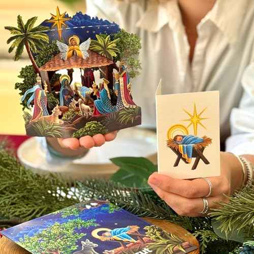 Freshcut Paper Pop Up Cards, Mini Starlit Nativity, 6 Inch Mini Sized 3D Popup Greeting Card and Paper Nativity Scene, Christmas Cards, Holiday Card, Blank Notecard & Envelope