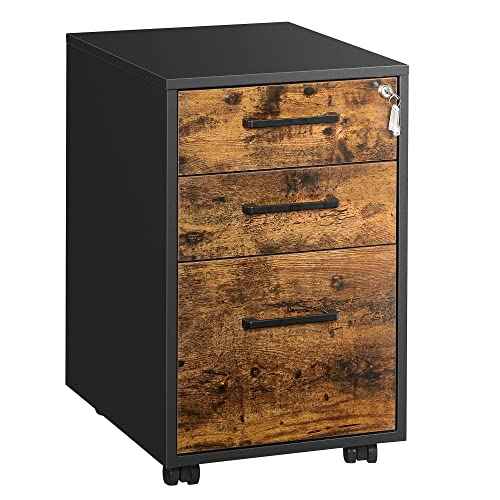 SONGMICS File Cabinet, Pre-Assembled Except Wheels and Handles, Office Filing Cabinet with Lock, for A4, Legal, Letter Sized Documents, 17.7 x 14.4 x 23.6 Inches, Rustic Brown and Black UOFC110B01V1