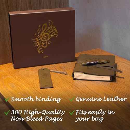 Sovereign-Gear Leather Journal Gift Set ? Embossed Music Notes Design - Handmade Buffalo Leather Notebook with Pen & Bookmark - Vintage 8x6¡± Unlined Writing Journal for Men & Women in Premium Gift Box