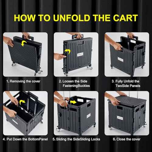 Folding Utility Cart Portable Rolling Crate Handcart Shopping Trolley Collapsible Tool Box, with Lid, Basket on 4 Rotate Wheels, for Grocery, Office, Luggage, Teacher (Black)