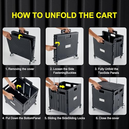 Black Folding Utility Cart with Lid – Portable Rolling Handcart for Grocery, Office, Travel