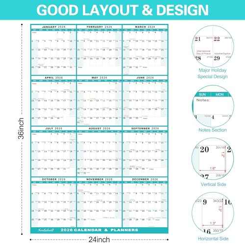 24" x 36" 2026 Wall Calendar, Folded Wet & Dry Erase Wall Calendar 12 Month, Annual Yearly Planner Yearly Laminated Calendar 2026 Horizontal/Vertical, with Julian Dates