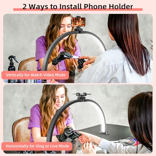 29" Large Half Moon Light for Nail Desk, Foldable Arch Nail Lamp with Phone Holder, 3 Color Modes,10 Brightness, Perfect for Manicure Handicraft Lighting, Black