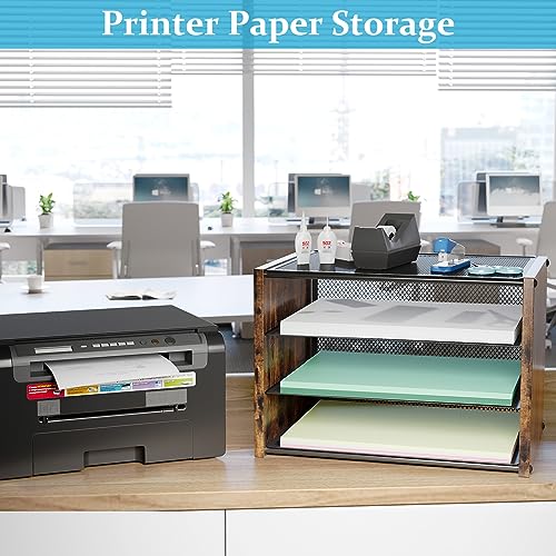 3-Tier Paper Letter Tray, Wooden Desk File Organizer, Stackable Metal Mesh Desk Organizer for Office Supplies. Small Paper Trays for Home Office School, Rustic Brown