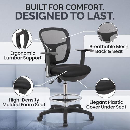 Office Factor Black Drafting Chair with Arms – Ergonomic Executive Desk Chair, 350 lb Capacity
