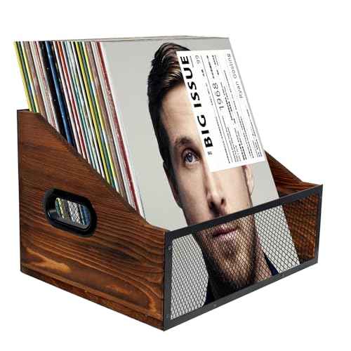 Vinyl Record Storage, Rustic Record Holder,Record Crates for Vinyl, Pine Wood & Metal Record Box for Display, 60-Record Capacity LP Album Organizer
