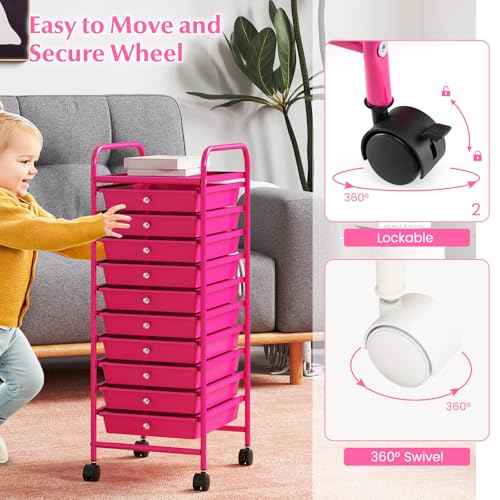 ARLIME 10-Drawer Storage Cart, 10 Drawer Trolley, Rolling Organizer Cart, Scrapbook Paper Organizer, Suitable for Office and School, Rolling Office Storage Tools (Hot Pink)