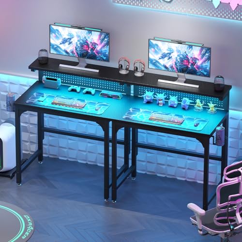 Gaming Desk with Power Outlets & LED Strip Lights,80CM Industrial Writing Desk with Height Adjustable Monitor Riser, PC Laptop Table with Portable CPU Stand for Home Office Black