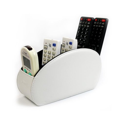 Fosinz Remote Control Holder Organizer Stable Table Desk Leather Control Storage TV Remote Control Organizer with 5 Spacious Compartments (White with Metal Bottom)
