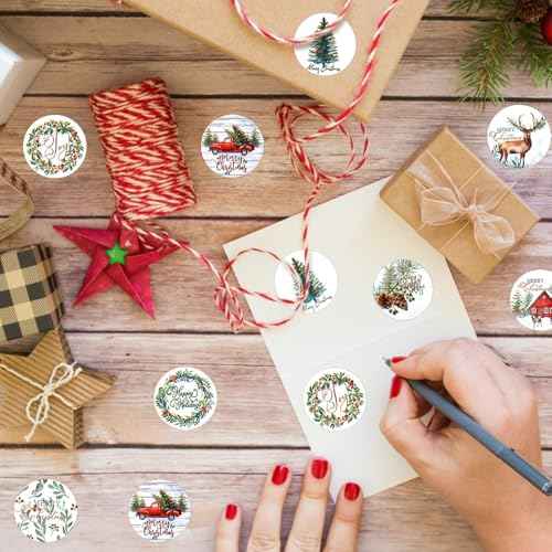 Christmas Stickers, 500 PCS Merry Christmas Stickers Roll, Round Self Adhesive Seals Label Sticker Decals for Xmas Holiday Seals Cards Gift Envelopes Crafts Present Box Decoration (8 Designs, 1 Inch)