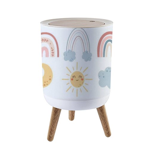 Small Trash Can with Lid Boho Rainbow Pastel spring kids clipart set moon and sun baby design Garbage Bin Round Waste Bin Press Cover Dog Proof Wastebasket for Kitchen Bathroom Living Room 1.8 Gallon