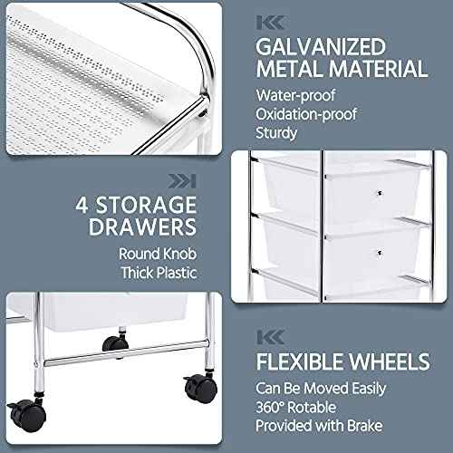 Yaheetech 4 Drawers Rolling Plastic Storage Cart Metal Frame Plastic Drawers Trolley Organizer on Wheels, White