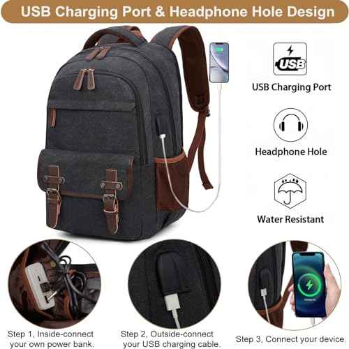 Canvas Travel Laptop Backpack for Men Women, business Work Rucksack College School Computer Bag Fits 15.6 Inch Laptop, Bookbag with USB Charging Port £¨Black£©
