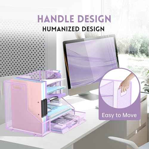 DALTACK Mesh Desk Organizer, 5-Tier Paper Letter Tray with File Holder & Pen Holder & Sliding Drawer, Desktop Organizer and Storage for Desk Accessories Office Supplies, Purple