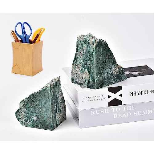 AMOYSTONE Green Mica Stone Non-Slip Bookends for Small/Kids Books | Rubber Bumpers & 2-3LBS Weight | Home Office Desk Organizer