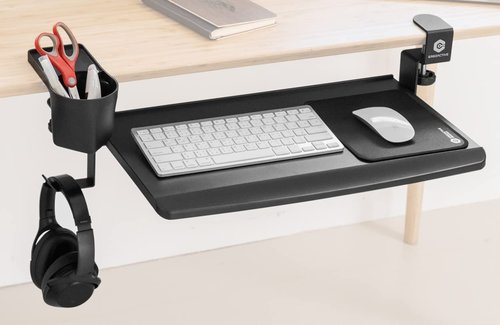 ErgoActive Small Size Keyboard Tray with Multi-Function Cup Holder, Clamp On Easy Installation, Desk Organizer (Small Tray) (with Cup Holder)