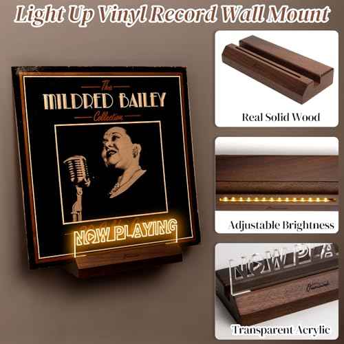 Light Up Now Playing Vinyl Record Stand Wall Mount, Record Holder Wall with Adjustable Warm White Light, Wooden Acrylic Holder for Vinyl Album Display and Storage, Gifts for Music Lovers