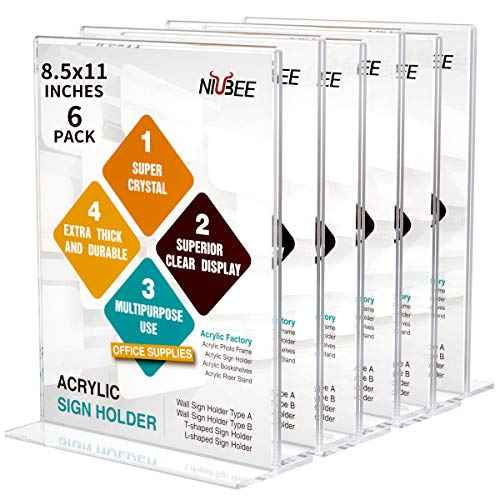 NIUBEE 6 Pack Acrylic Sign Holder 8.5 x 11 - T Shape Double Sided Table Top Display Stand, Portrait Upright Photo Picture Frame Wedding Menu Ad Holder