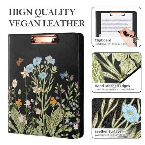 Ospelelf Leather Portfolio Folder with Zipper - 3 Ring Binder with Clipbard - Calculator, 12.1¡± Tablet Sleeve, 5 Dividers with 10 Pockets, Refillable Notepad, Card Holder (Bushes)