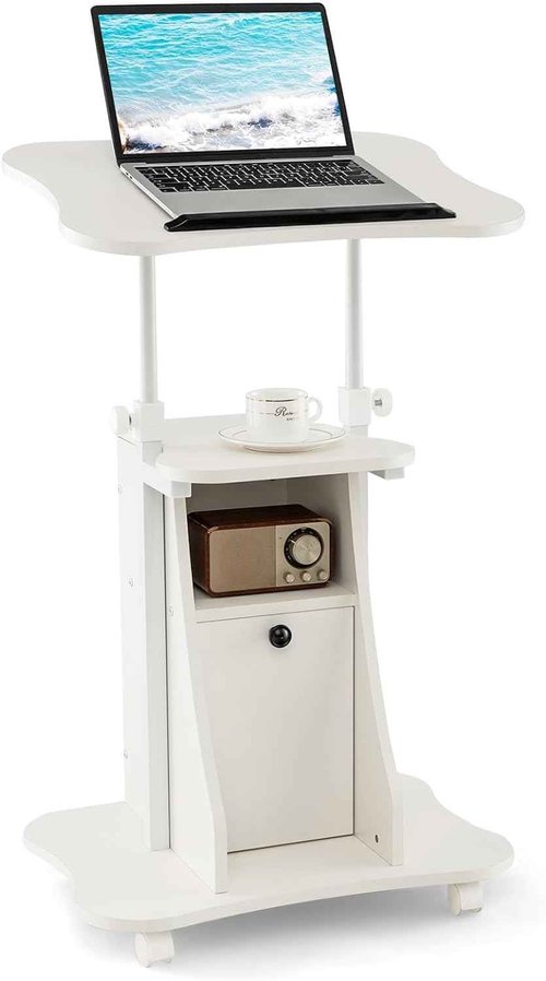 Mobile Laptop Podium, Portable Height Adjustable Podium Stand, Rolling Lectern Desk with Storage, 180° Tilting Top, Lockable Universal Casters, Sit-to-Stand Computer Desk for Home, Office