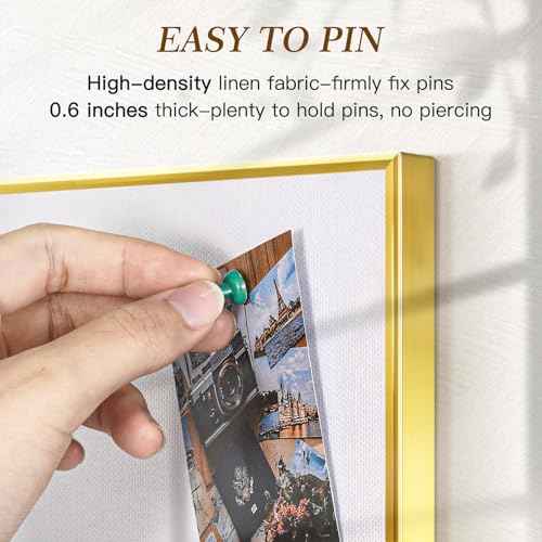 Linen Bulletin Board, 24"x18", White Cork Board for Wall, Gold Aluminum Frame, Upgraded Canvas Pinning Surface, 10 Push Pins, White