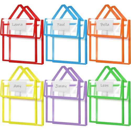 Teling 12 Pack Thick Clear Book Pouches with Blank Name Tags and Handles Book Baggies Bags Bins Organizer for School Classroom Library Pockets Students (10 x 12 Inch,Bright Color)