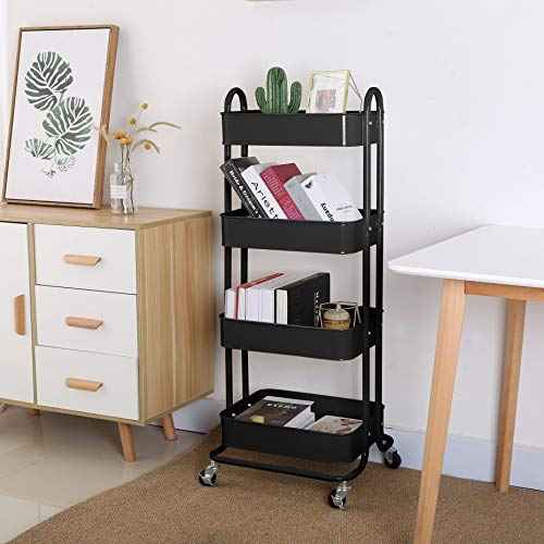 4-Tier Metal Mesh Utility Rolling Cart Storage Organizer Shelf Rack with Lockable Wheels for Living Room Kitchen Office, Black