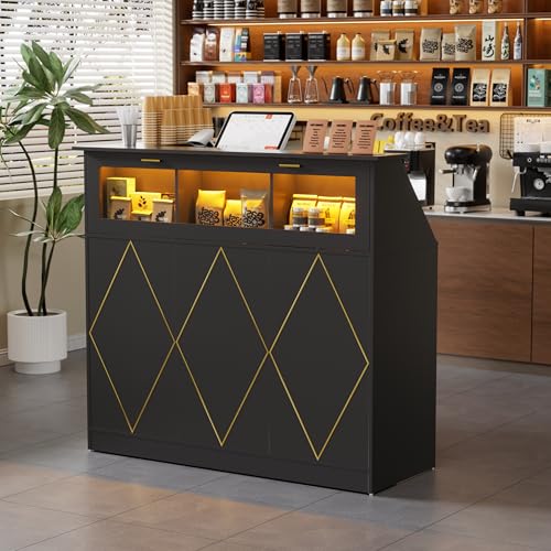 PAKASEPT 50" Modern Reception Desk with LED Lights, Glass Display Shelf, Black