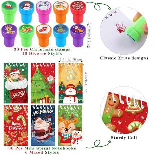 Aodaer 90 Pieces 10 in 1 Christmas Ballpoint Pen Stamps Mini Spiral Notebooks Kit, Multicolor Retractable Ballpoint Pens Xmas Stampers Notepads for Christmas Student Teacher Gifts Party Favors