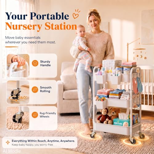 Aofure White 3-Tier Metal Rolling Cart with Wheels, Cups & Hooks - Multi-Purpose Storage