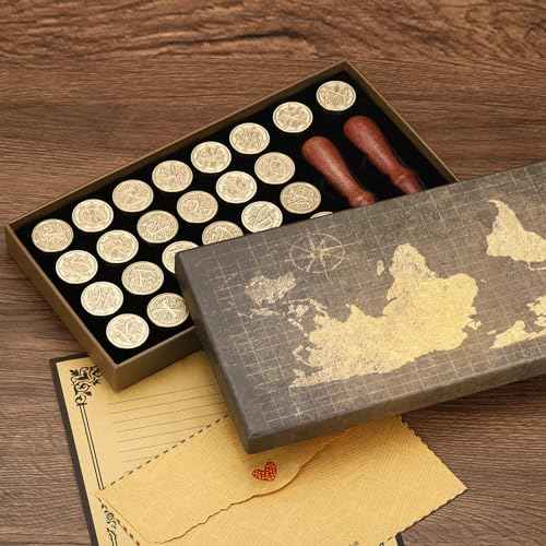 PATIKIL Alphabet Wax Seal Stamp Kit, 26 Letters A-Z Sealing Wax Stamp with 2pcs Wooden Handles, Gift Box Letter Initial Brass Head Vintage, Style 2
