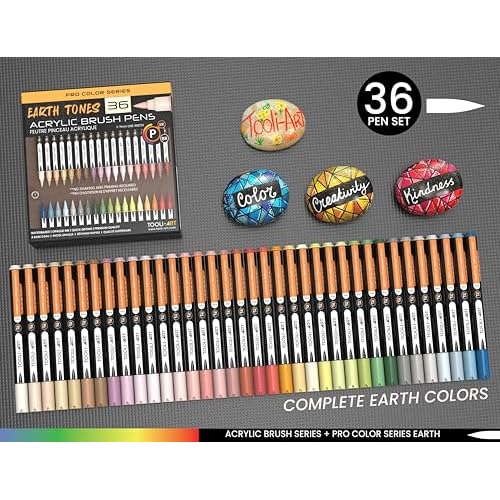 36 Flexible Brush Tip Earth Tones Acrylic Paint Pens Markers Set 1-7mm Line for Rock Painting, Brush Lettering, Glass, Mugs, Wood, Metal, Canvas, Fabric, Plastic. Non Toxic Waterbased Quick Drying