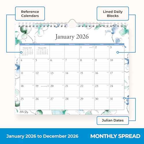 Blue Sky 2026 Monthly Wall Calendar, January 2026 - December 2026, Durable Twin Wire Binding, 11" x 8.75", Perfect For Home, Office And Classrooms, Lindley