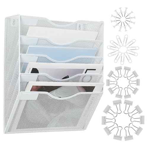 Hanging Wall File Organizer with Office Assorted, 5 Pockets Mesh Wall Mounted File Folder Holder for Mail, Paper, Document, Binder, Magazine, Menu (White)