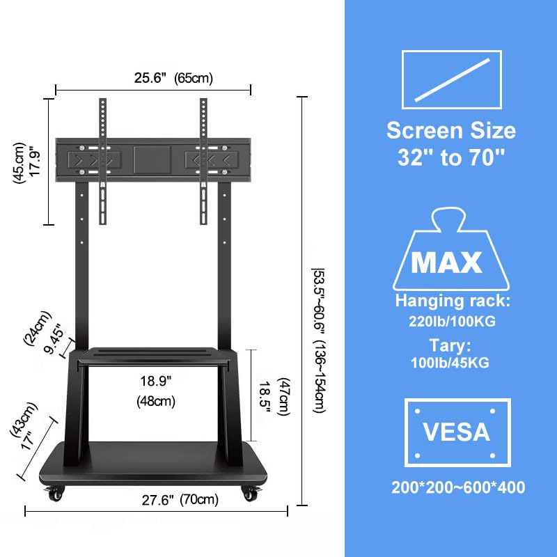 Hellsehen 32-75 Inch Mobile TV Cart on Wheels, Heavy-Duty Rolling TV Stand with 220lbs Capacity