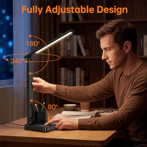 COZOO Black LED Desk Lamp with USB-C & AC Power Outlet, Pen Holder, Dimmable Office Light
