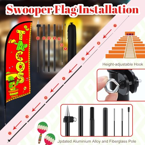 2 Set Tacos Feather Flag Kit, 8ft Advertising Swooper Flag Banner with Pole and Ground Stake for Business Restaurant Advertising Banner for Outside Ground