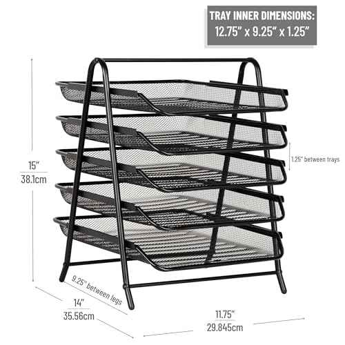 Mind Reader 5-Tier Paper Tray, Desktop Organizer, File Storage, Office, Metal Mesh, 11.75" L x 14" W x 15" H, Set of 2, Black